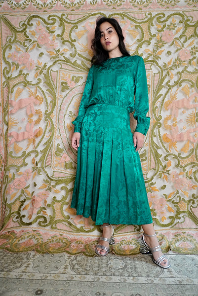 Emerald Silk Drop Waist Dress, M