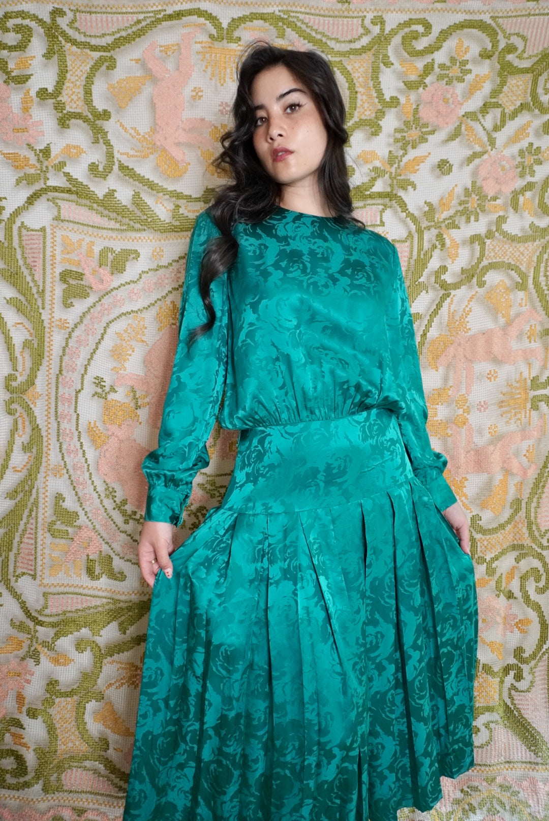 Emerald Silk Drop Waist Dress, M