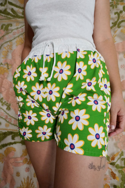 Lime Floral Sporty Shorts, XS-S