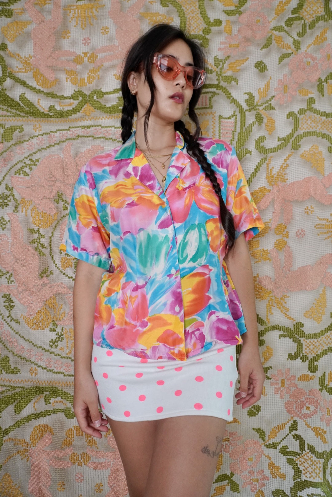 Vibrant Silk Floral Blouse, M