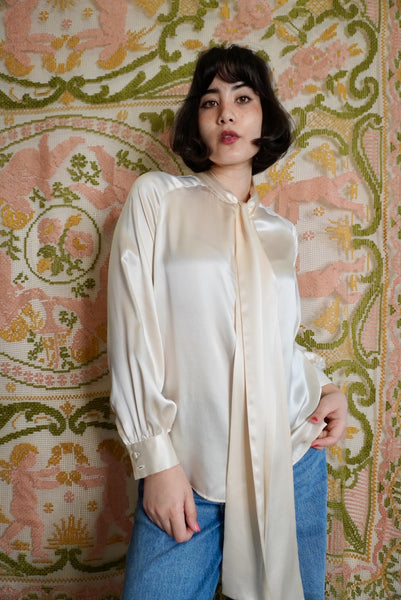 Cream Silk Pussybow Blouse, M-L