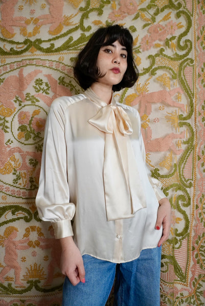 Cream Silk Pussybow Blouse, M-L