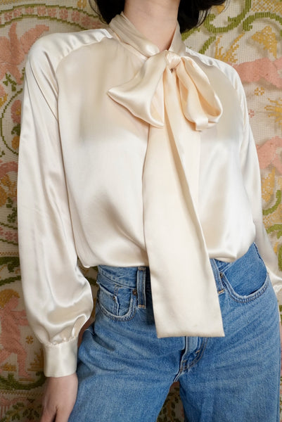 Cream Silk Pussybow Blouse, M-L