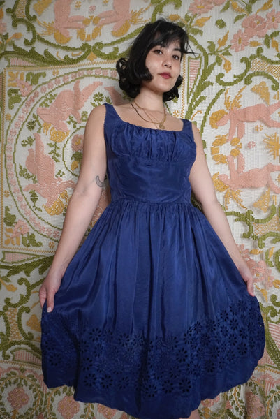 Navy Silk Eyelet Dress, M