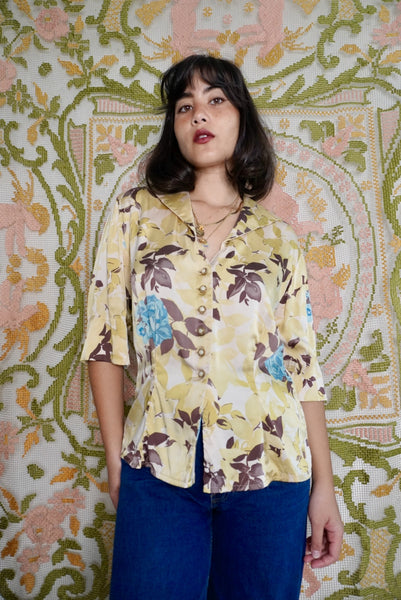 Half Sleeve Silk Floral Blouse, M