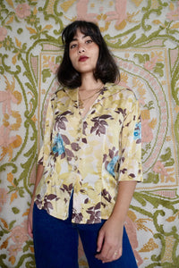 Half Sleeve Silk Floral Blouse, M