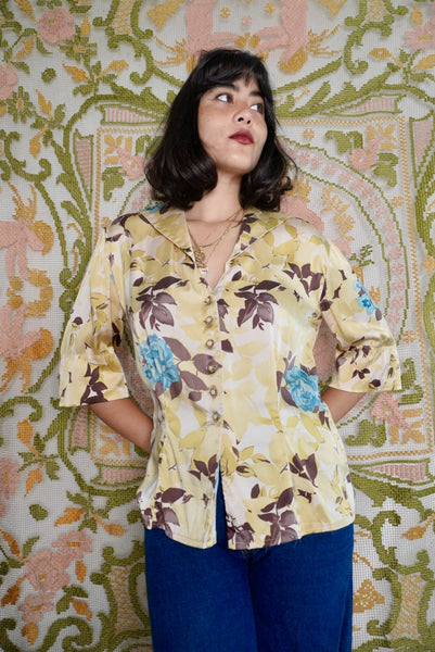 Half Sleeve Silk Floral Blouse, M