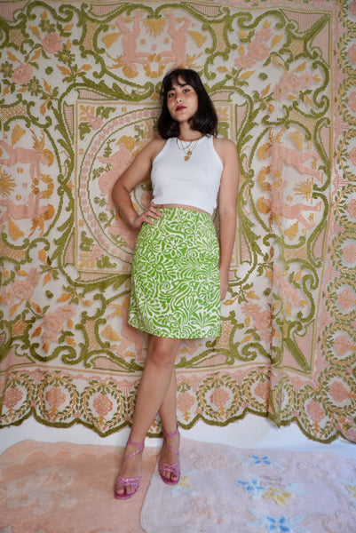 Lime Printed Barkcloth Skirt, 27W