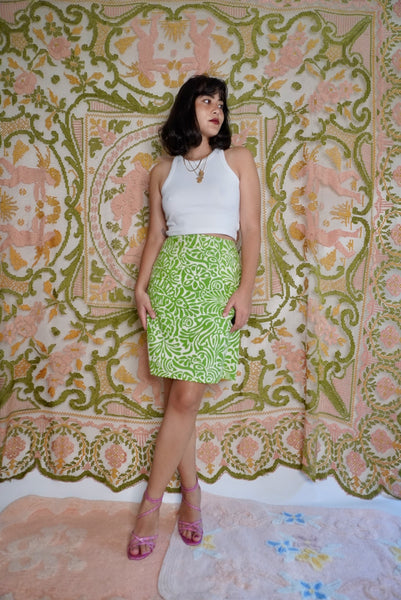 Lime Printed Barkcloth Skirt, 27W