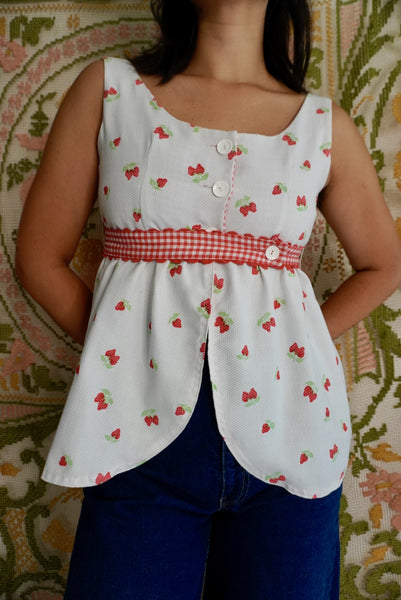 Strawberry Gingham Babydoll Top with Belt, S