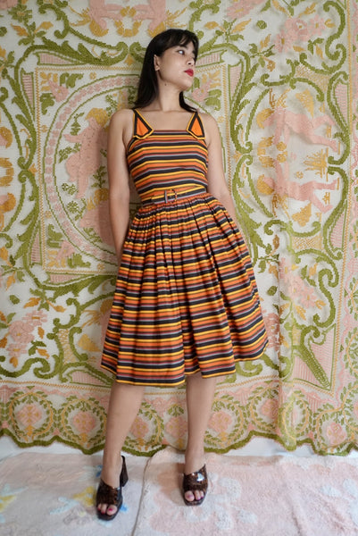 Striped Fit & Flare Dress with Belt, S