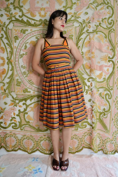 Striped Fit & Flare Dress with Belt, S