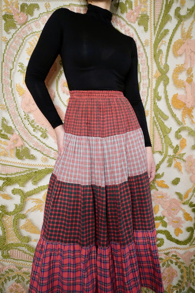 Tiered Patchwork Plaid Skirt, XXS-S