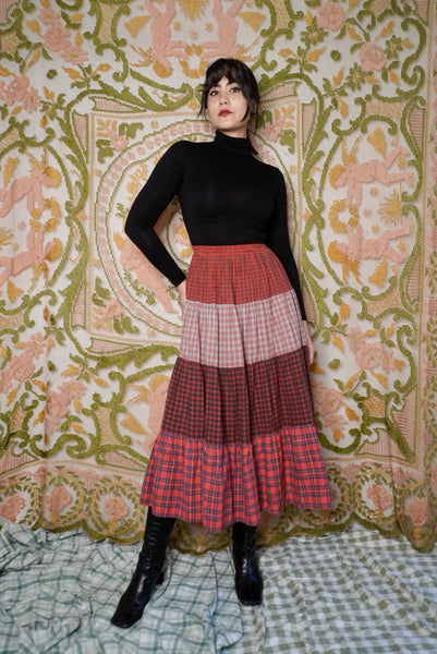 Tiered Patchwork Plaid Skirt, XXS-S