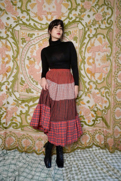 Tiered Patchwork Plaid Skirt, XXS-S