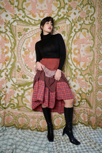 Tiered Patchwork Plaid Skirt, XXS-S