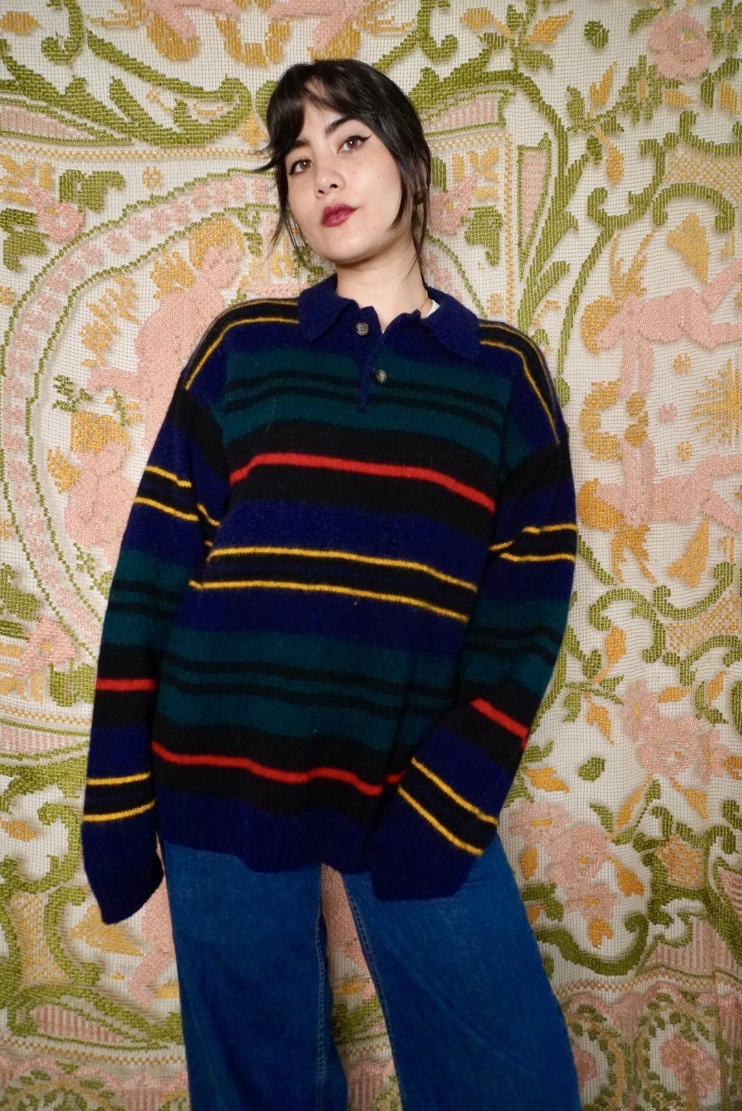 Striped Collared Wool Sweater, L-XL