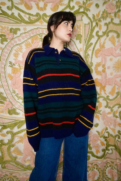 Striped Collared Wool Sweater, L-XL