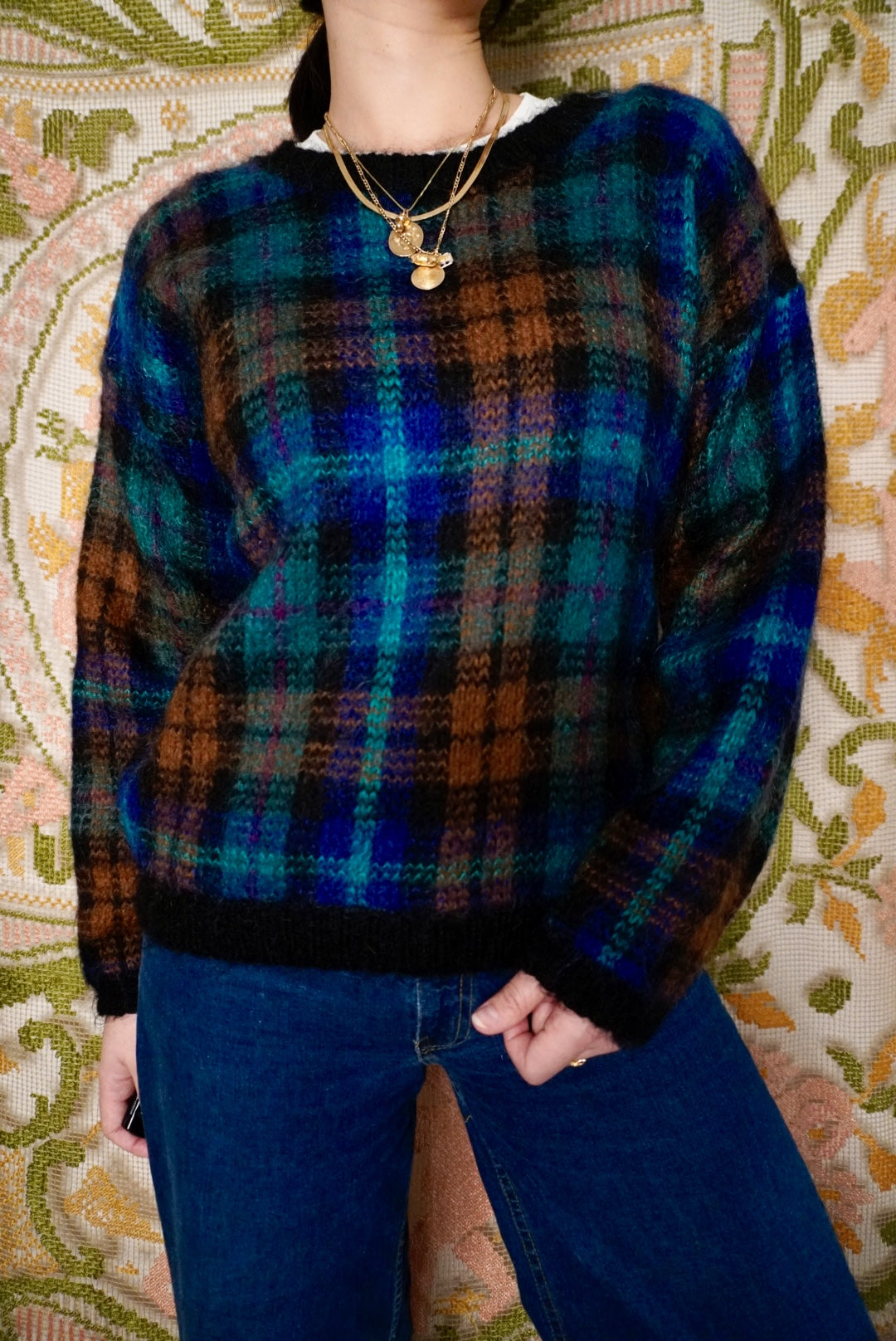 Fuzzy Plaid Sweater, M