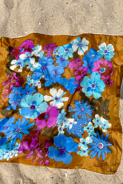 Blue & Brown Floral Scarf, 23" x 23"