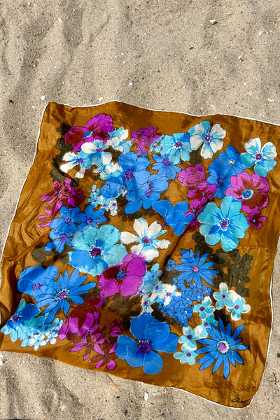 Blue & Brown Floral Scarf, 23" x 23"