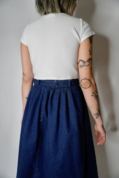 Dark Wash Flared Midi Skirt, XS