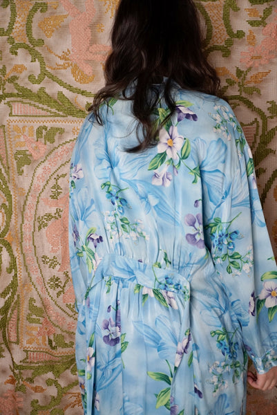 Aqua Floral Silk Robe, XS-M